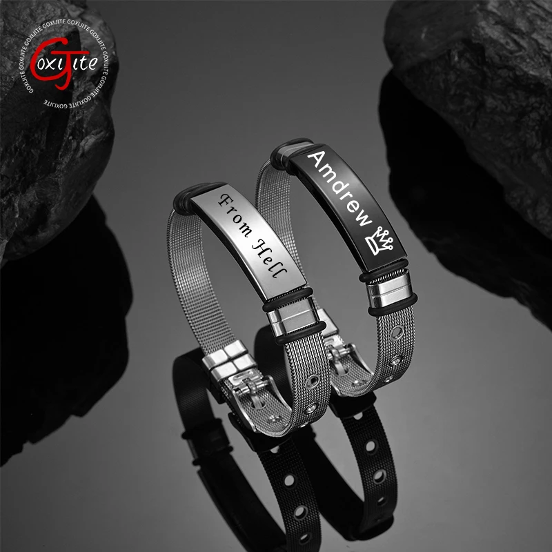 

Goxijite Custom Vintage Statement Men's Lettering Bracelet Stainless Steel Set Engraving Name Date For Men Bangle Jewelry Gift