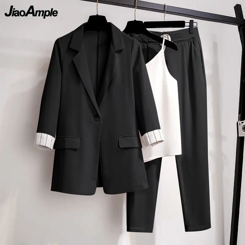 2024 Spring Autumn Women 3 Pcs Pants Set Office Lady Graceful Suit Coat+Sling+Trousers Sets Working Basic Joker Clothing Female