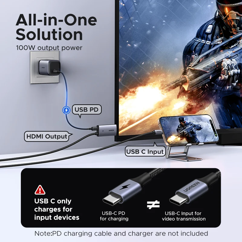 UGREEN Кабель USB C-HDMI с адаптером быстрой зарядки PD 100 Вт 4K при 60 Гц 2-в-1 Thunderbolt Однонаправленный тип C к HDMI 2 метра