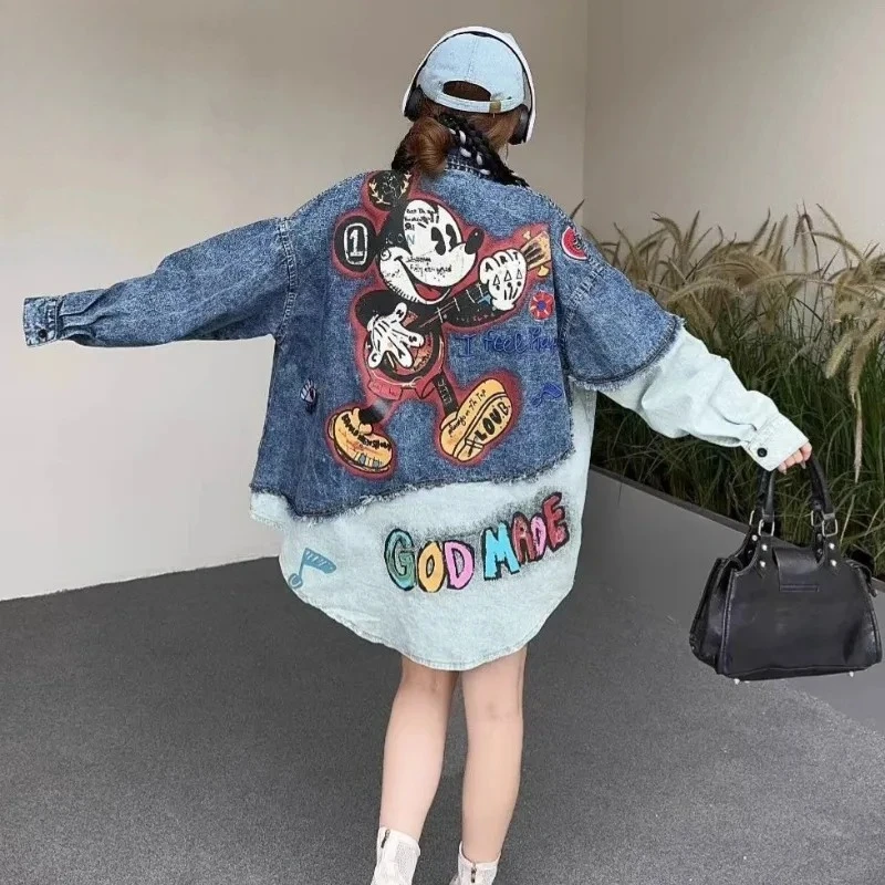 2025 الربيع والخريف الكرتون المطبوعة قميص دينيم المرأة فضفاضة عادية تنوعا تخفيض العمر