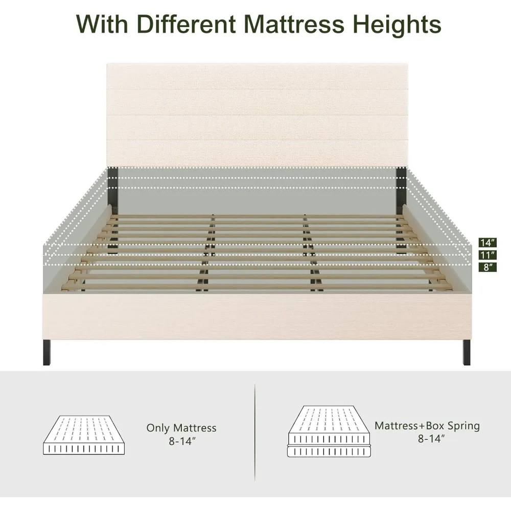إطار سرير بحجم كينج، إطار سرير منجد حديث مع لوح رأسي من الكتان قابل للتعديل، منصة دعم شرائح خشبية، بدون صندوق Sp #6