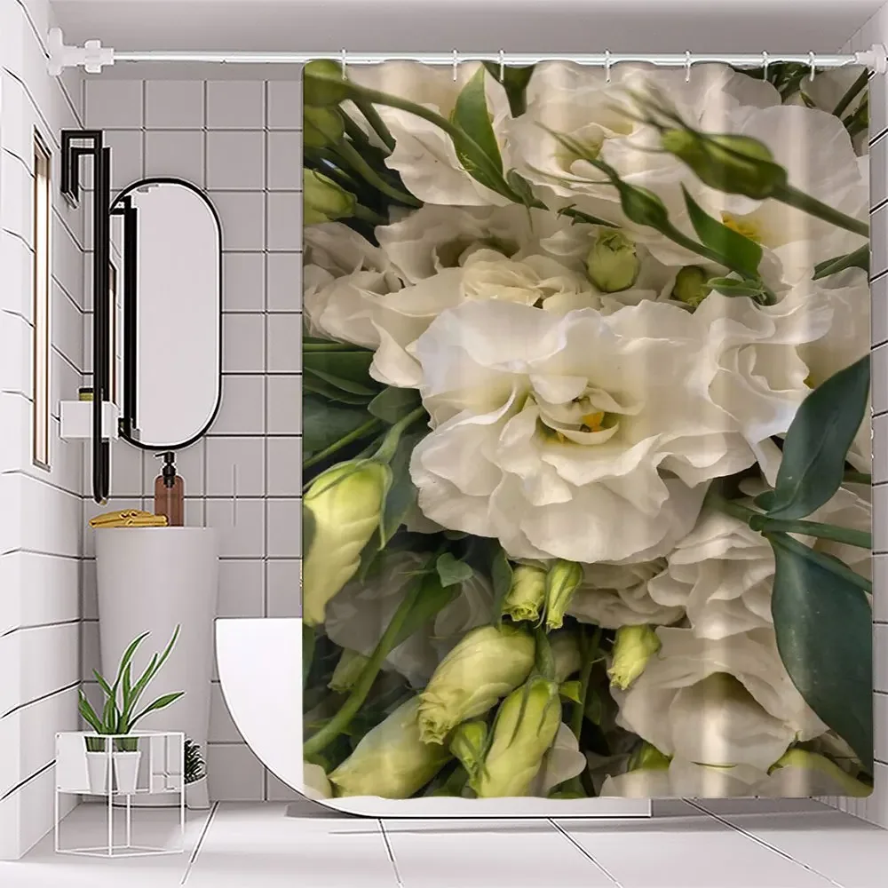 

1pc Floral Shower Curtain - White Blossom Digital Print, Water-Resistant Polyester, Hand Wash Only, Includes Hooks