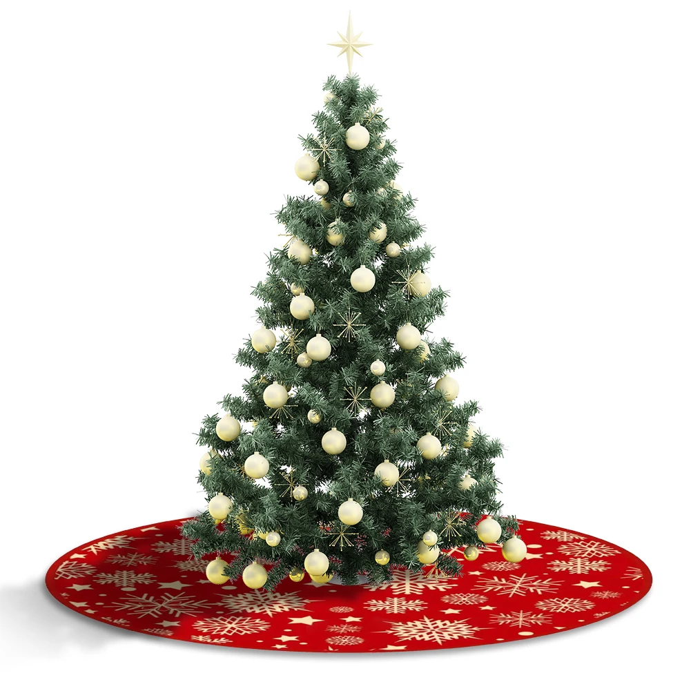 35.4inch Xmas Tree Bottom Decor Mat Snowflake Pattern Red Xmas Tree Mat Printed Christmas Tree Decoration Indoor Outdoor Decor