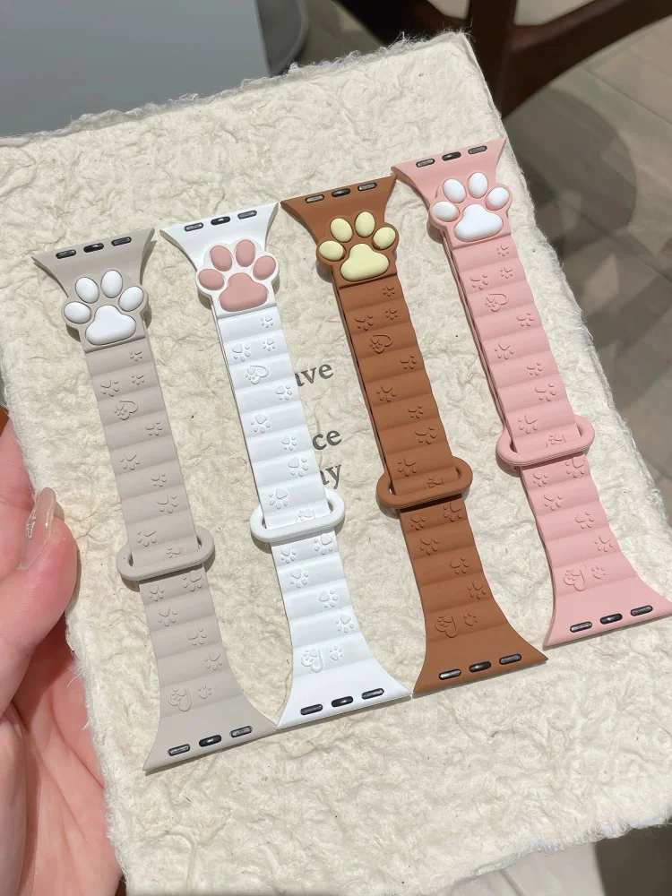 Slim Cute 3D Cat Paw Magnetic Strap For Apple Watch Band 49mm 45 Ultra 44 41 42 40 Correa Silicone Band For Iwatch Series 9 8 7