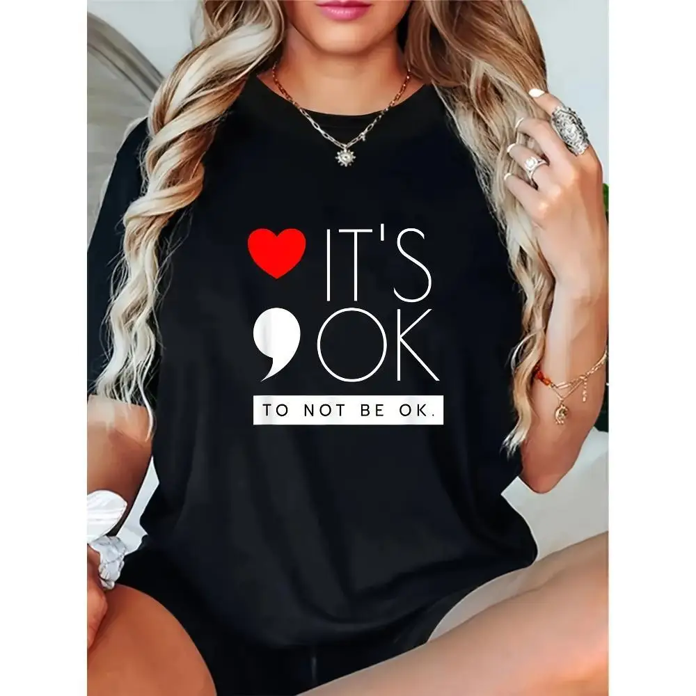 

Women's "It's Ok to Not Be Ok" Mental Health Awareness T-Shirt - Black Casual Short Sleeve Tee with Red Heart Design, Stretchy