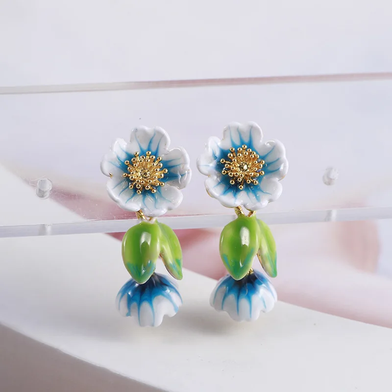 

Trendy Bohemia Style Hand-painted Enamel Blue Flower Romantic Pastoral Style Rose Orchid Forest Flower Dangle Earrings for Women