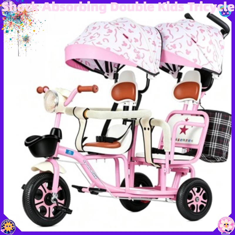 Dual Seater Shockproof Children Tricycle Foldable Pedal Push Cart For Kindergarten Twins  Second Child Family