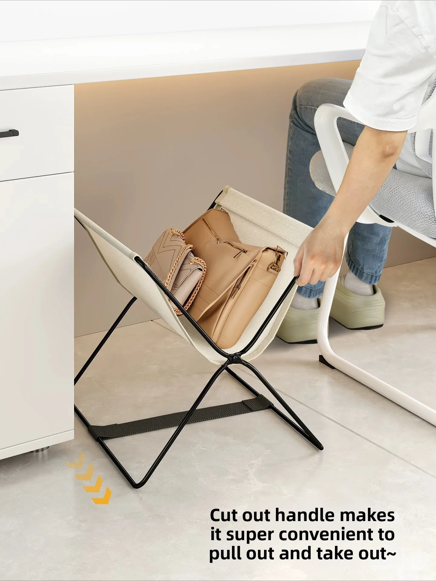 Foldable Under-Desk Storage Rack – Mobile Bag Holder Organizer with Wheels for Office Backpack & Tote, Space-Saving Trolley