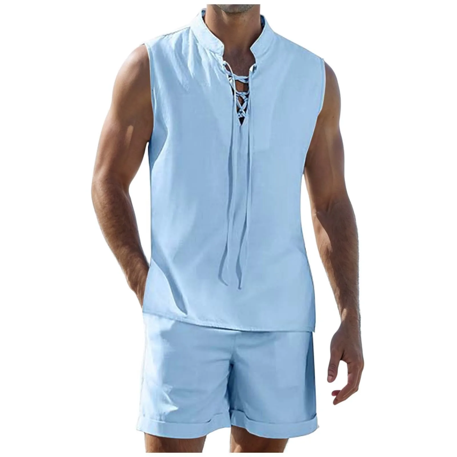 

Men's Two-piece Tracksuits Sleeveless Vest Drawstring Stand-up Collar Top Shorts With Pockets Summer Casual Solid Color Suit