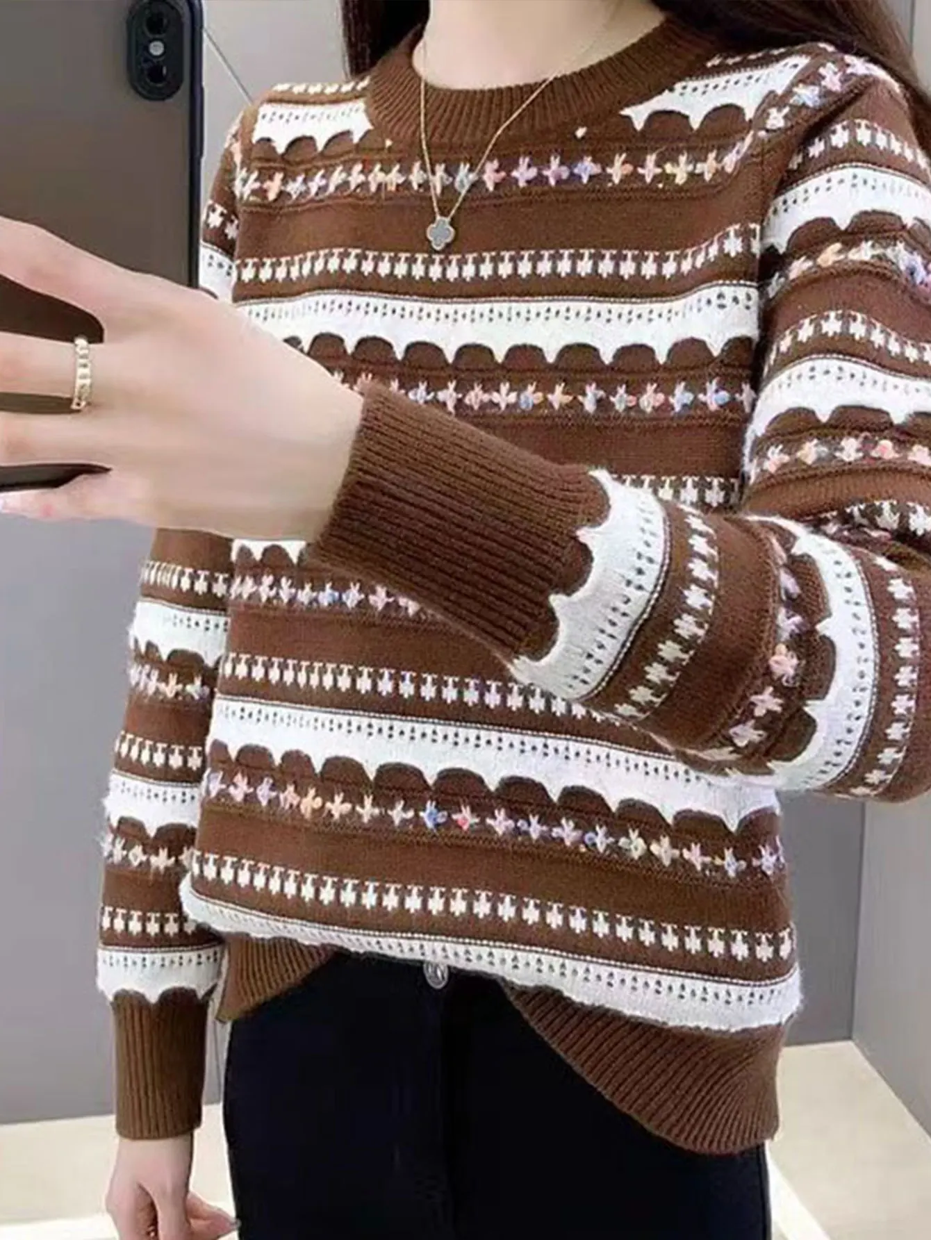 Women's Casual Patchwork Rib Knit Sweater Long Sleeve Crew Neck Fitting Slim Autumn Daily Fashion Top