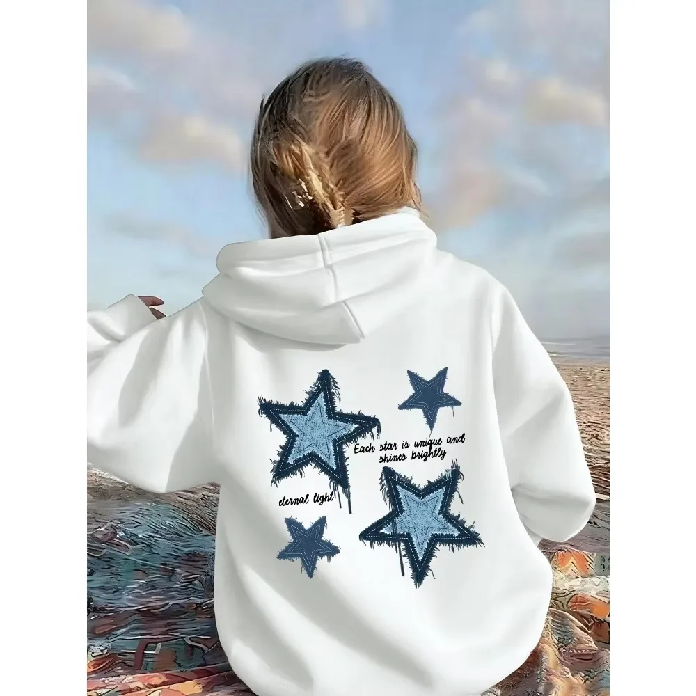 Hot Sale Distressed Denim Five-pointed Star Printed Hooded Sweater Simple Casual Children's Long-sleeved Pullover Mens Women