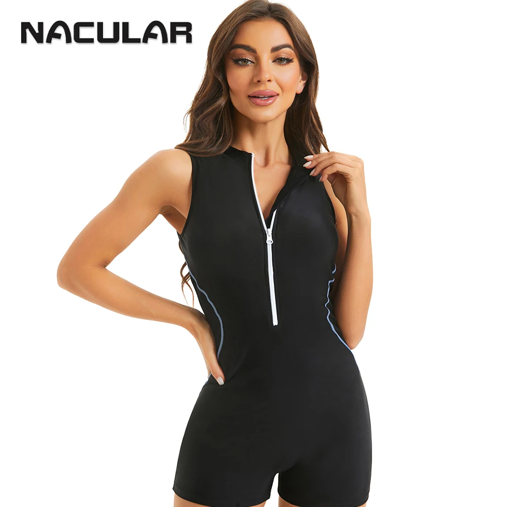 NACULAR Sport Swimwear Female One Piece Swimsuit Women Monokini Bathing Suit Bodysuit Pool 2024 Beach Wear Solid Zipper Black