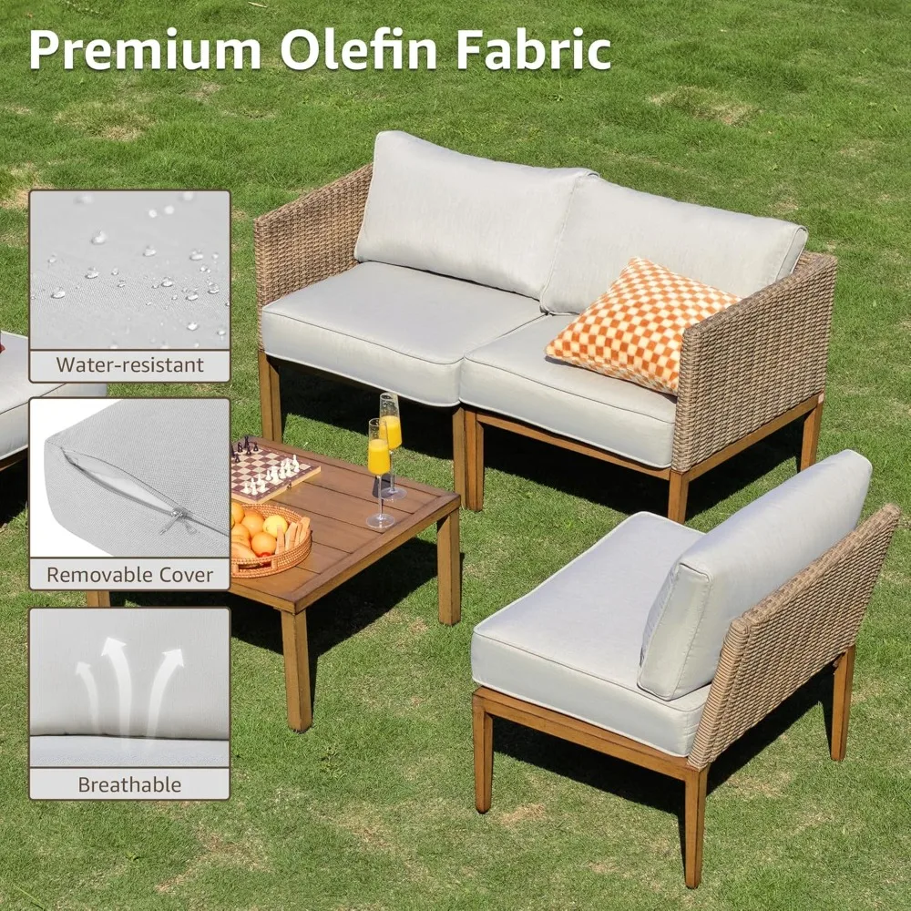 5-teiliges Terrassenmöbel-Set aus Korbgeflecht, Outdoor-Sofa, Rattan-Couch, Allwetter-Gesprächsset für den Außenbereich mit Metalltisch