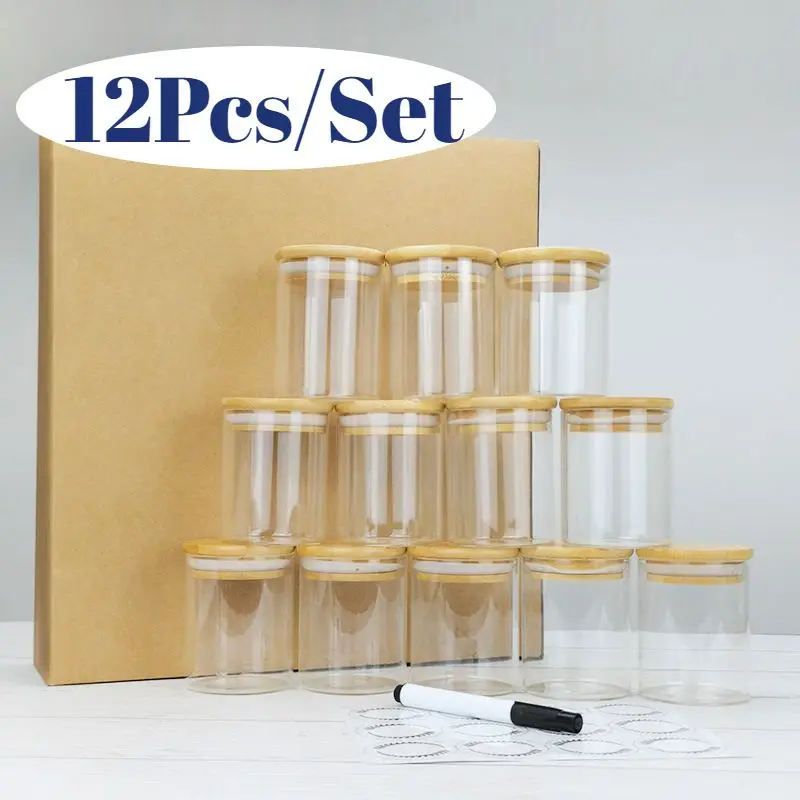 

12Pcs Sealed Glass Bottle Transparent Seasoning Jars With Lid Food Storage Container Sugar Tea Tank Leakproof Canisters Canister