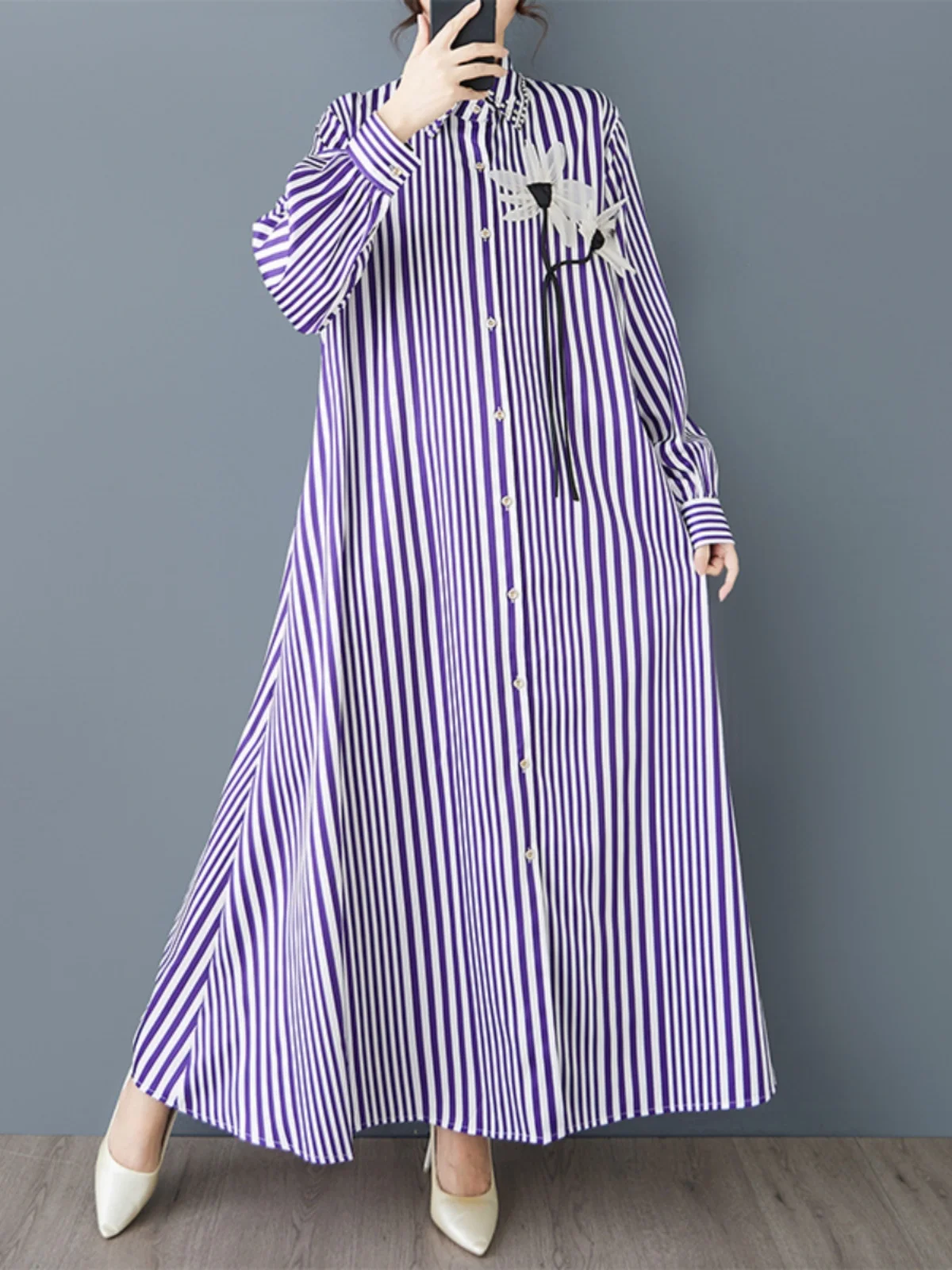 2025년 봄 신상 롱 셔츠 드레스 여성 루즈핏 플로럴 3D 프린트 캐주얼 만능 스트라이프 맥시 드레스 출퇴근룩