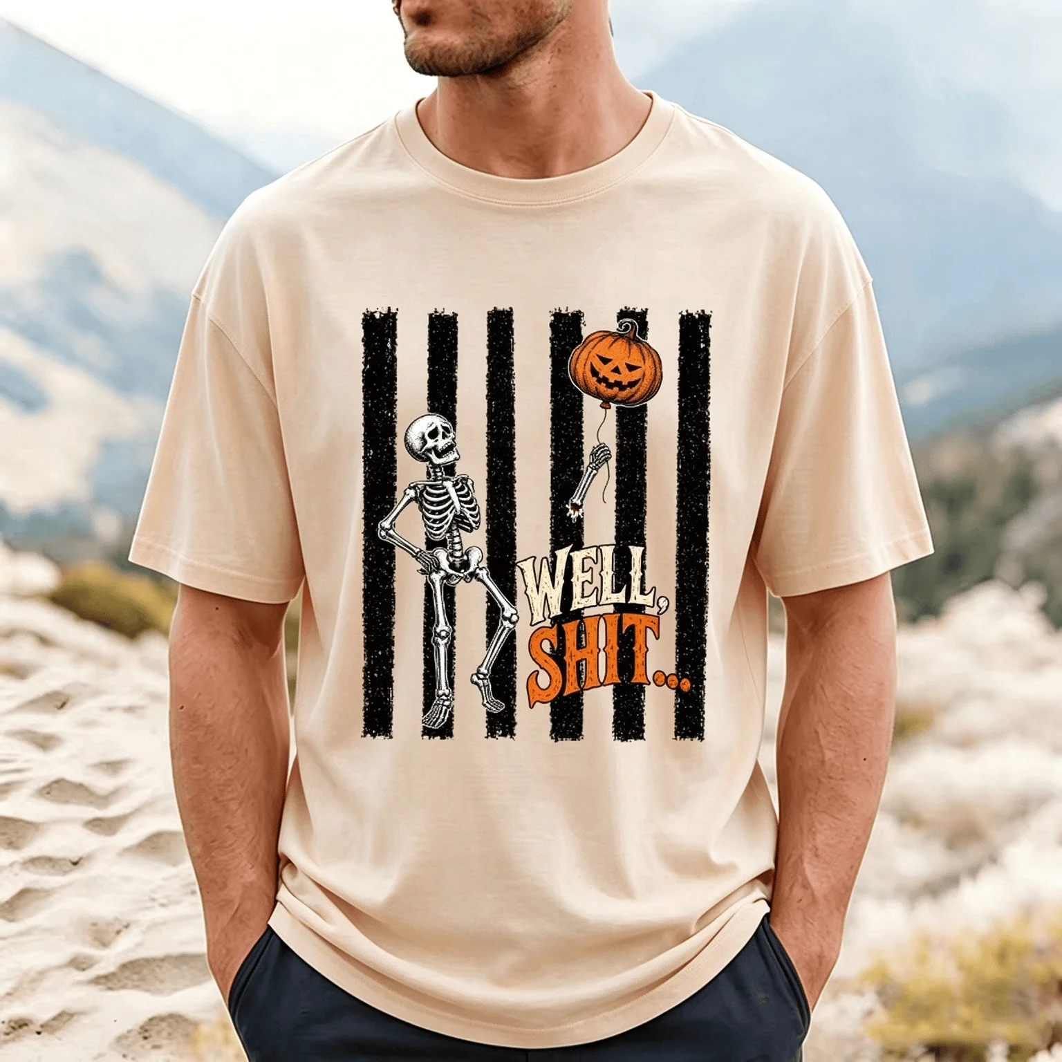 Retro Funny Skeleton Pumpkin Balloon T‑Shirt Distressed Stripe Graphic Short Sleeve Casual Halloween Holiday Men Unisex Tee Tops