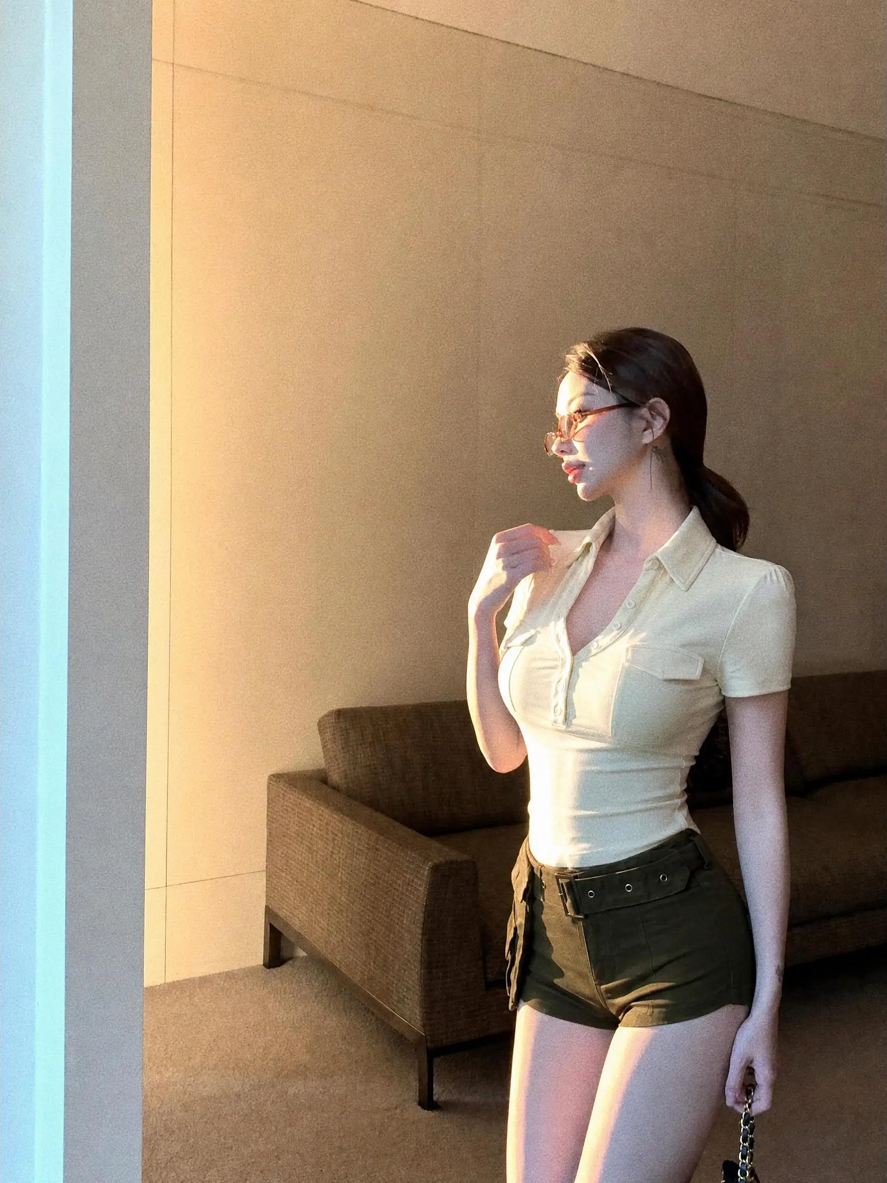 

Sexy Slim Fit Two Piece Set for Women Summer 2026 Pure Color Shirt High Waist Shorts Breathable Comfortable Short Sleeve