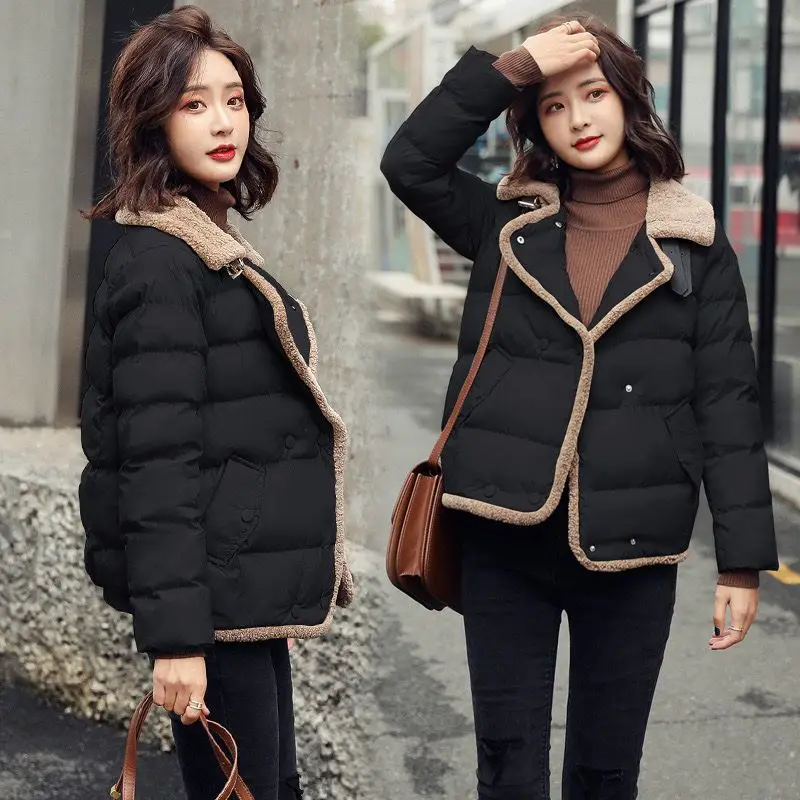 Women\'s Short Cotton-Padded Jacket  Fashion Lamb Wool Stitching down Cotton Clothing Outdoor warm comfort short coat new style