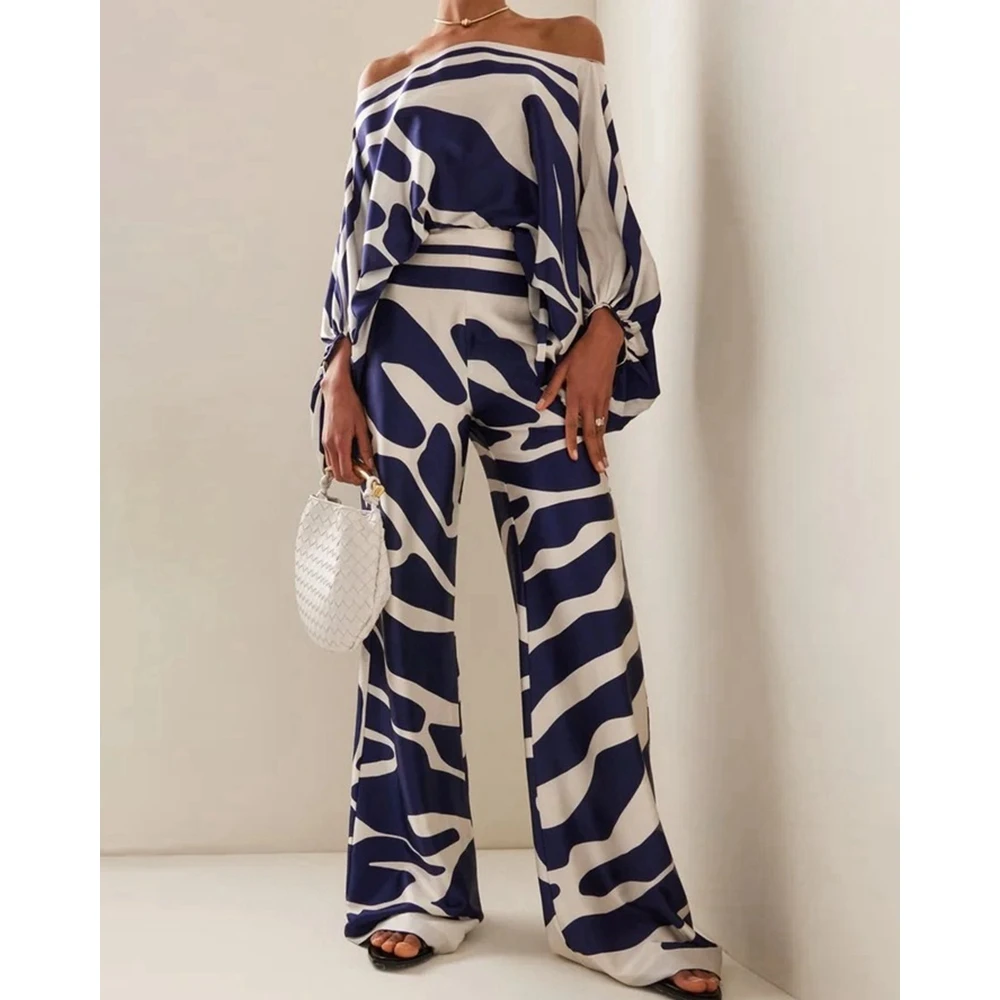 Summer Women Off Shoulder Print Lantern Sleeve Top & High Waist Pants Set Female Skew Neck Two Pieces Suit Set Elegant Workwear