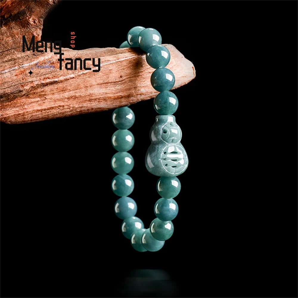 

Natural A-Grade Jade Blue Water Hollowed-Out Money Gourd Bracelet, Glutinous Ice Type Jade Men's Gift Women's Bracelet Exquisite