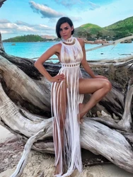 Leosoxs Bohemian Crochet Knitted Women Beach Cover Ups Vintage Tassel Halter Neck Long Maxi Dress Backless Vestidos 2024
