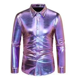 Camisas De vestir metálicas para Hombre, camisa De manga larga con botones, ropa De discoteca De los años 70, disfraz De cantante De escenario, color púrpura brillante, XXL