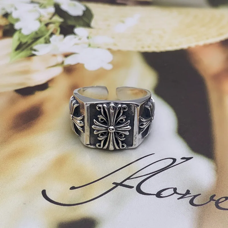 s925Sterling Silver Open Ring for Men Trendy European and American Style Retro Personality Cross Ring Index Finger Ring