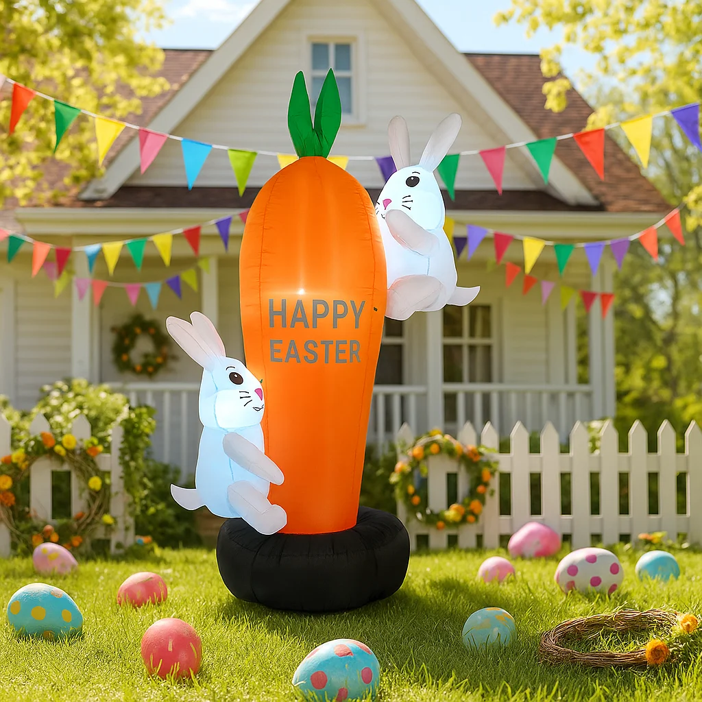 ของตกแต่งอีสเตอร์เป่าลมรูปกระต่ายถือแครอทขนาดใหญ่ 6 ฟุต พร้อมไฟ LED สำหรับงานปาร์ตี้