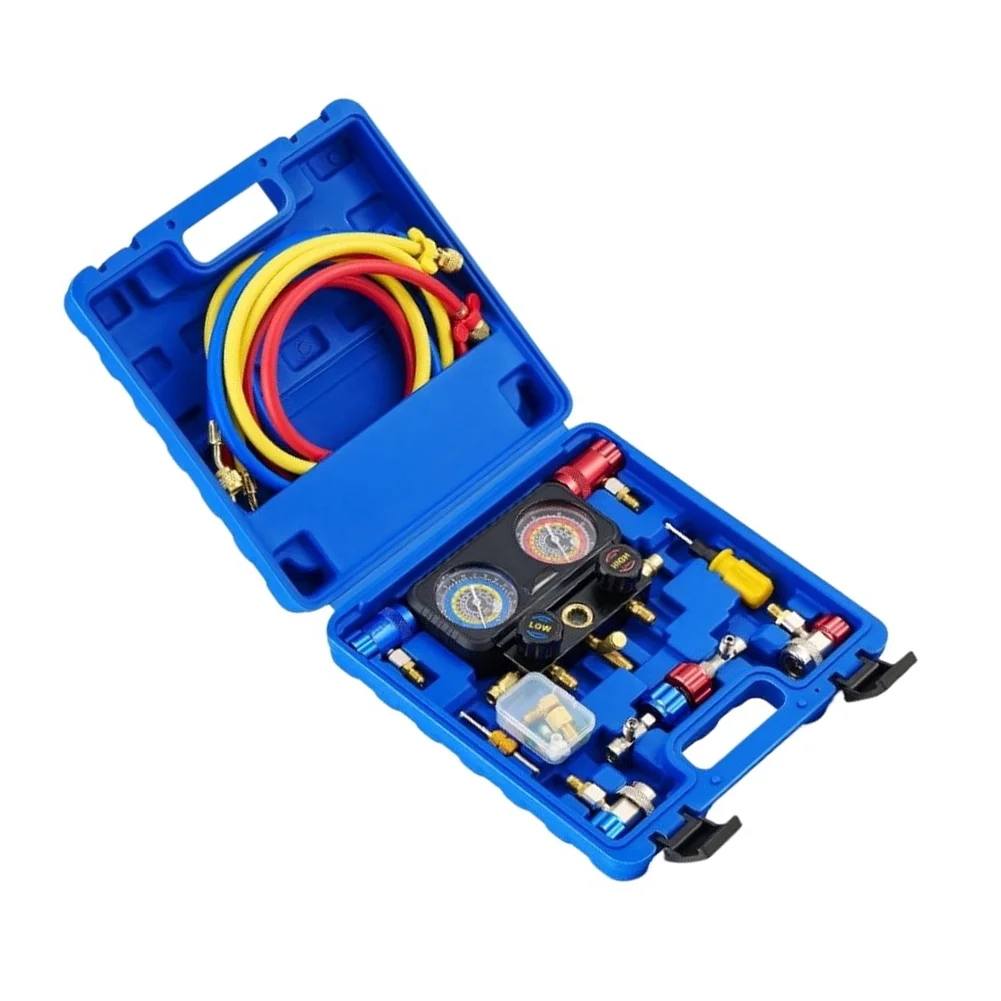 3 Way AC Manifold Gauge Set Aluminum Brass For R1234yf R134a R404a Charging Evacuation HVAC Repair Tool With Hoses