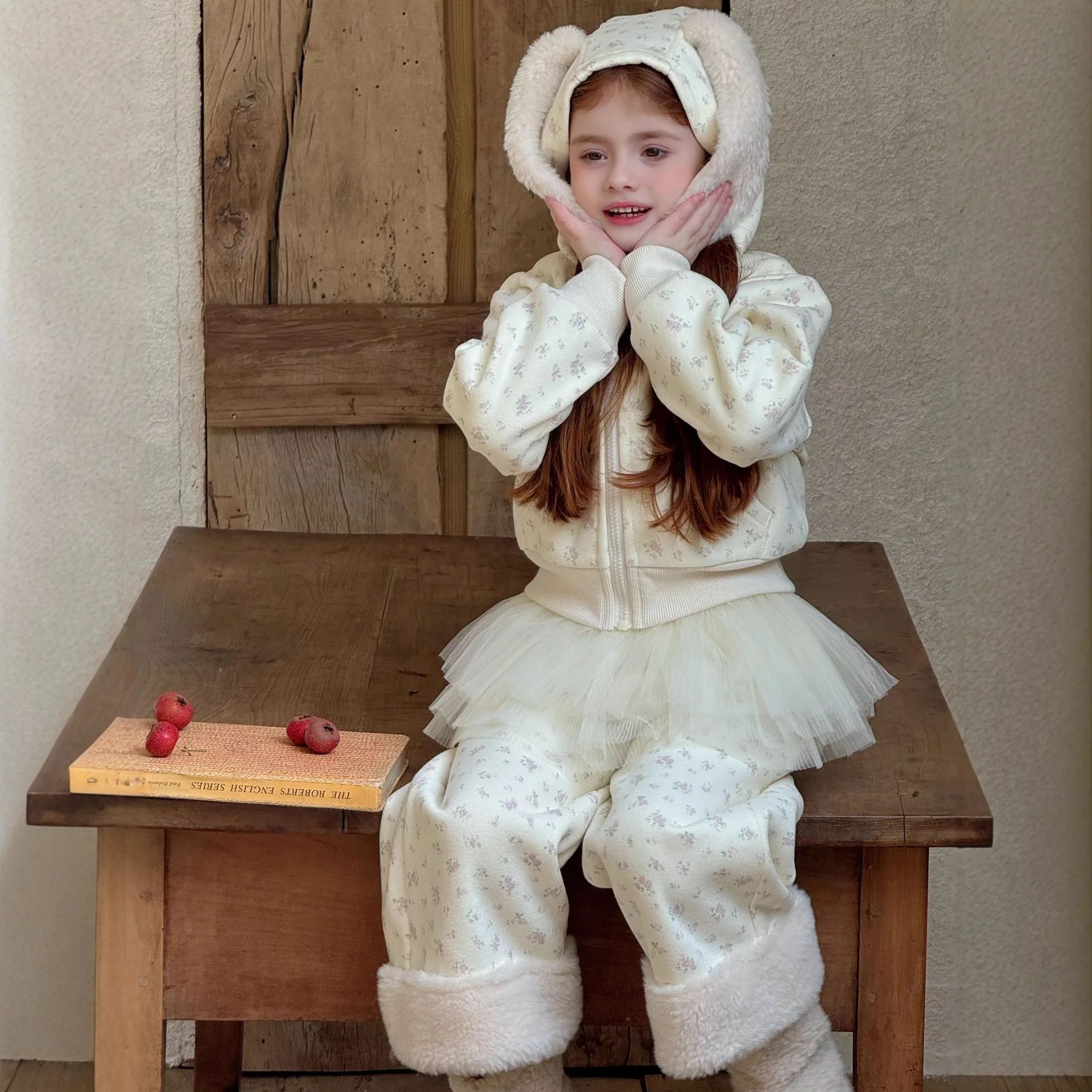 2025 شتاء جديد الكورية للأطفال الأزهار زائد المخملية سميكة 3 قطع مجموعة للفتيات أرنب مشعر الترفيه مجموعة #5