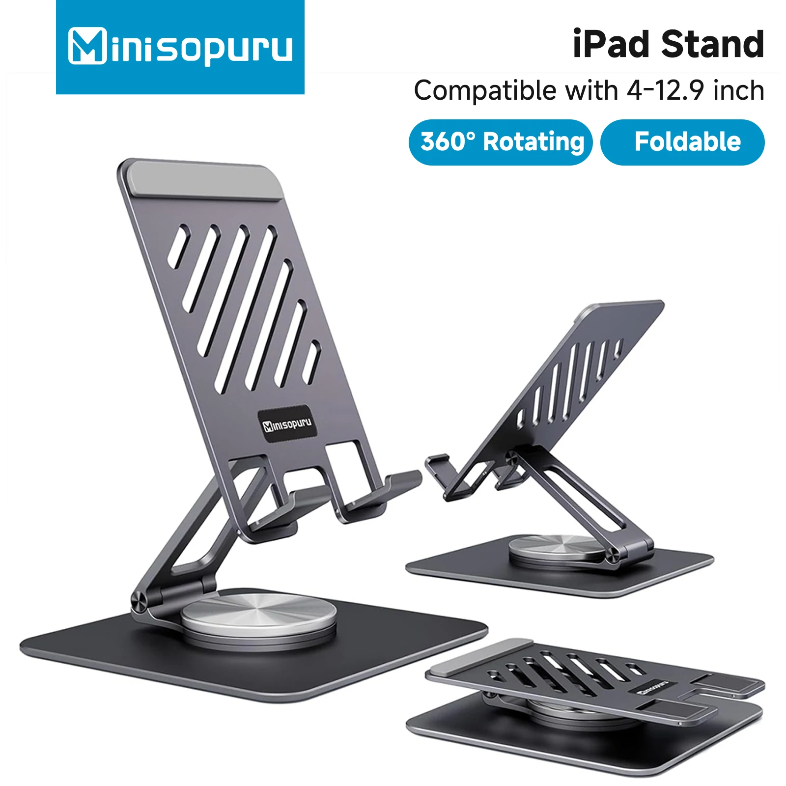 

Minisopuru iPad Stand for Desk 360 Rotating Foldable Design Portable Stand 4-12.9-inch iPad Pro Stand for Home Office Bracket