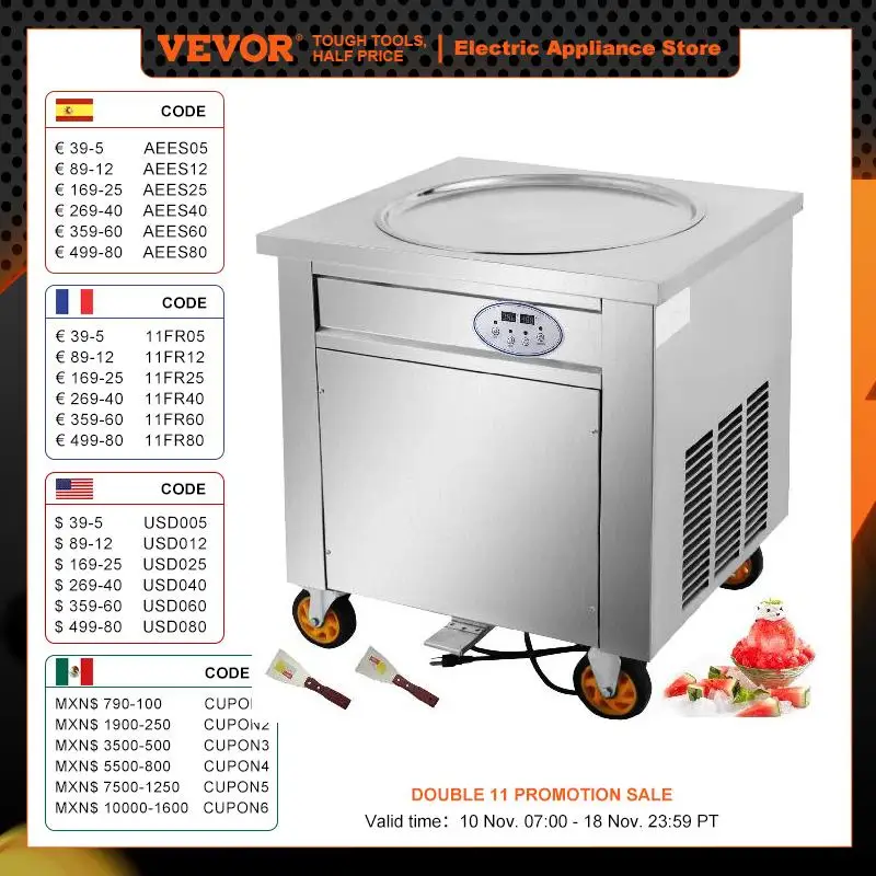 

VEVOR Commercial Fried Ice Cream Machine 50cm Single Pan 1800W Stainless Steel Temperature Control Home Ice Cream Porridge Maker