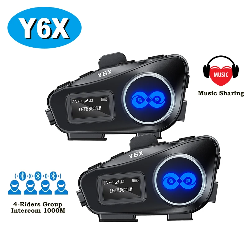 

Y6X Motorcycle Helmet Intercom Headset 4-Riders Group Talking 1000M IPX6 Waterproof LED Lighting Bluetooth 5.1 Noise Reduction