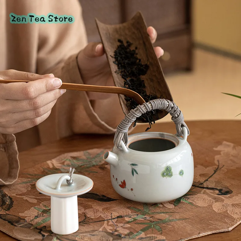 Hand-painted Under The Ancient Blue Glaze Sanyou Small Rattan Woven Lifting Beam Pot Ceramic Kung Fu Teapot Celadon Tea Infuser