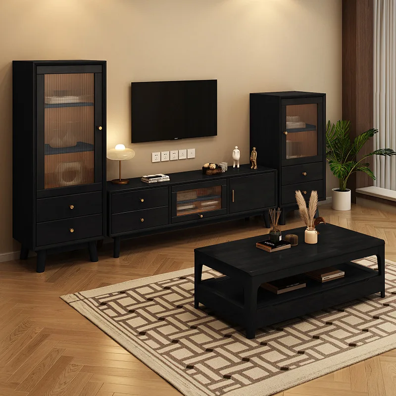 Solid wood TV cabinet, coffee table combination, three piece set, small unit, black retro style living room, separate storage, s