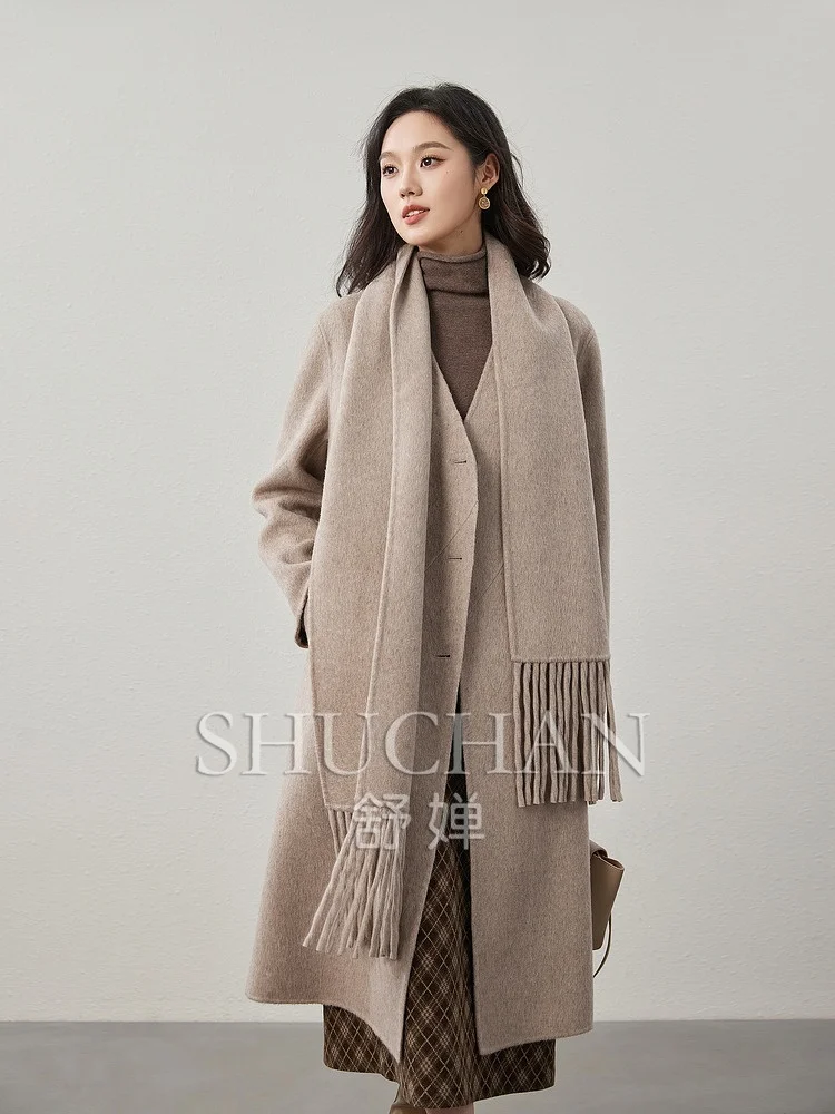 

Winter Good Quality, Winter High-count Wool Silk Camel Simple Scarf Collar Long Coat Women 2024 Casacos De Inverno Feminino