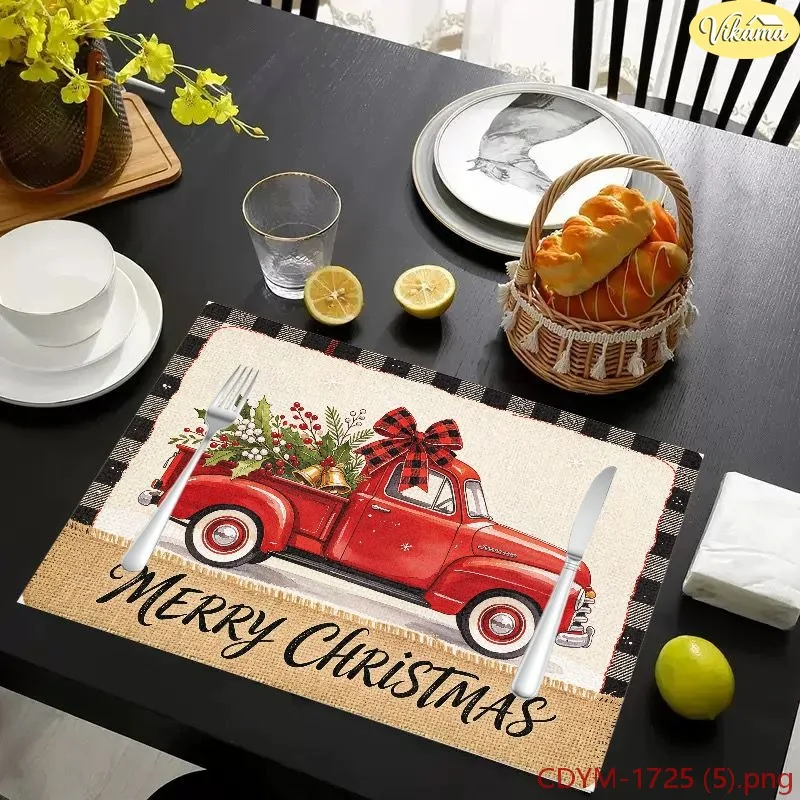 VIKAMA Christmas Placemats, Burgundy Argyle Nutcracker Ballerina Mouse King Design, Washable Winter Holiday Kitchen Mat