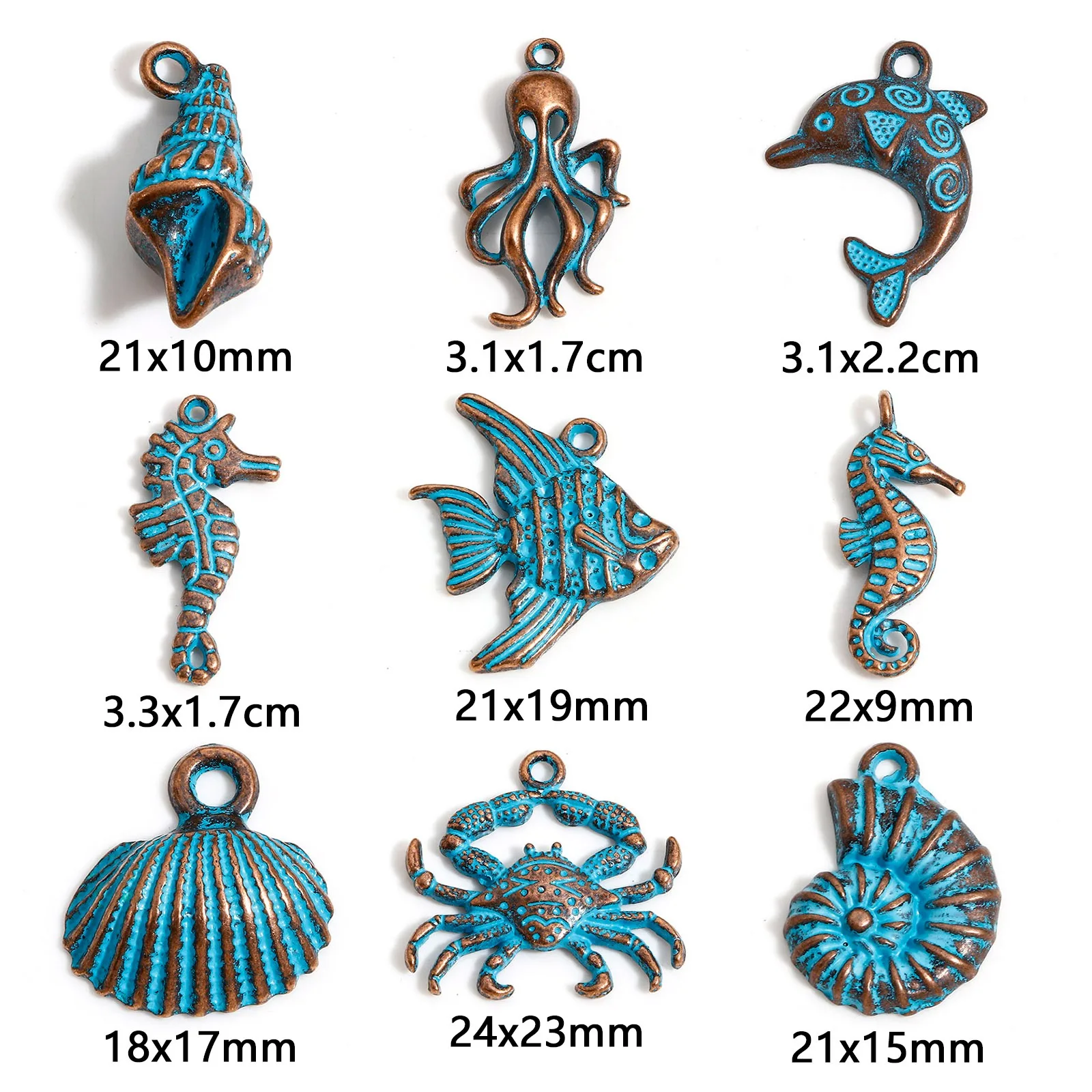 20pcs Vintage Ocean Jewelry Charms Antique Copper Blue Patina Fish Shell Pendants DIY Necklace Earrings Women Jewelry Findings