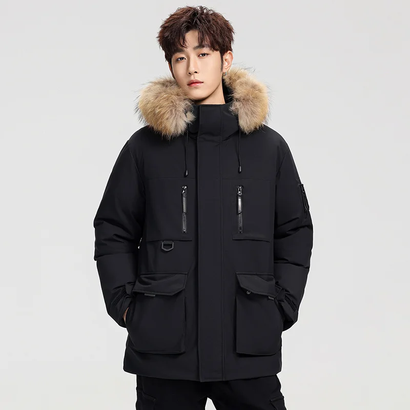 Męska i damska zimowa ciepła kurtka puchowa z kapturem i futrzanym kołnierzem, styl górski outdoorowy, pogrubiona sportowa parka codzienna.