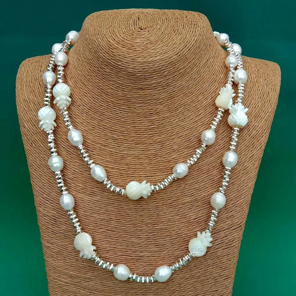 Y·YING Cultured White Rice Pearl White Shell Carved Pineapple Bead Long Necklace Jewelry Gifts