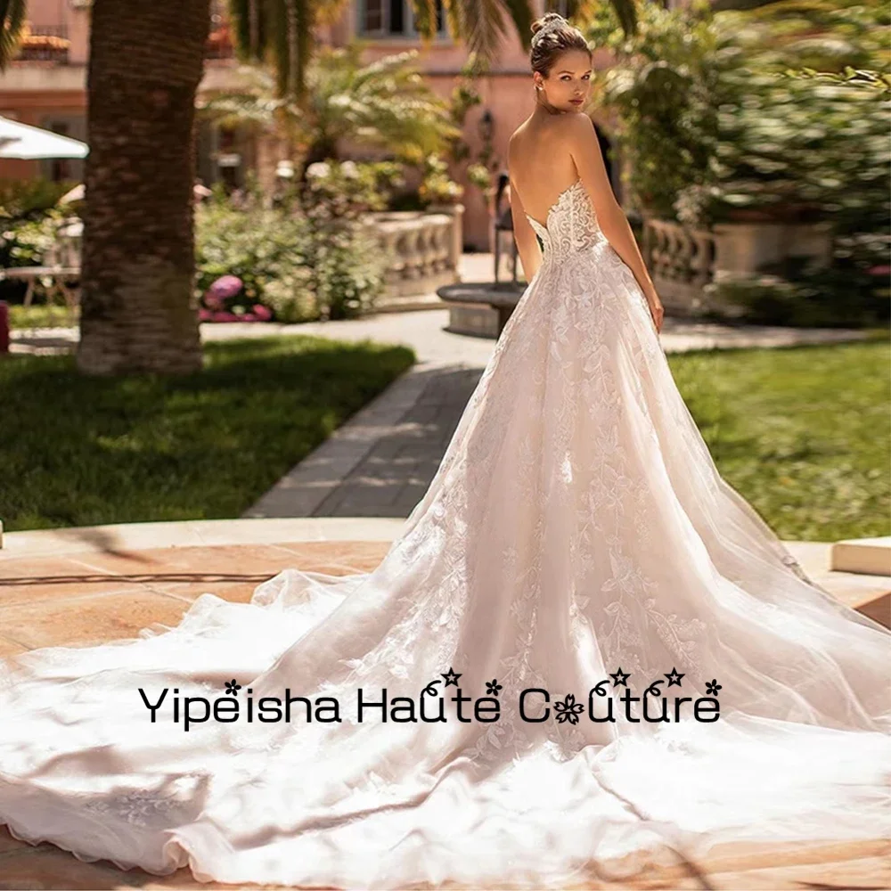 Yipeisha A Line Exquisite Champagne Corset Bridal Gowns Strapless New Organza Applique Wedding Dresses  Vestido De 2022