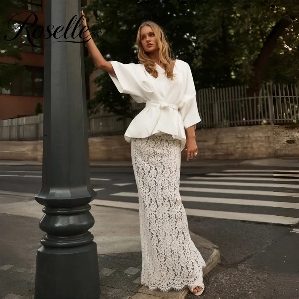 Women's Elegant 2 Piece Outfits White Batwing Sleeve Peplum Top Back Slit Lace Maxi Skirt Suit Wedding Guest Cocktail Party Wear