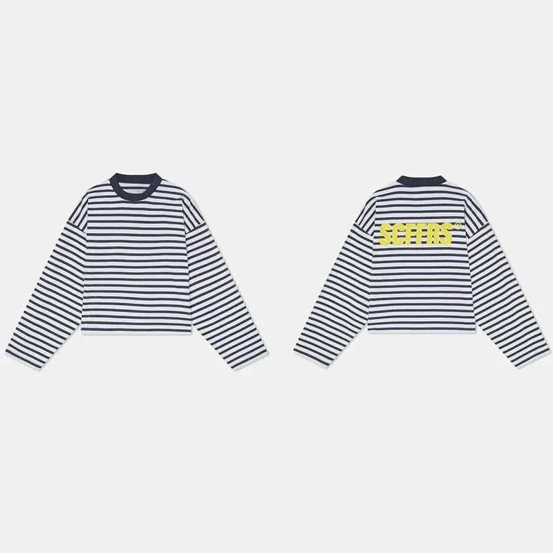 Unisex long sleeved T-shirt with loose stripes, back letter printed round neck casual Y2K streetwear top view 4