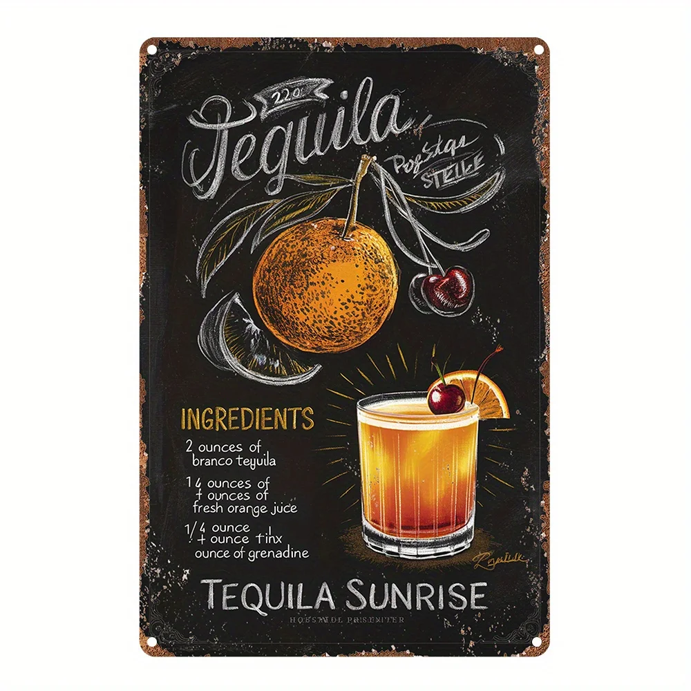 2D Flat, [2D Flat]A Single Vintage Metal Sign Featuring Tequila Sunrise Cocktail Recipe, Measuring 8.0X12.0 Inch, Decorating You
