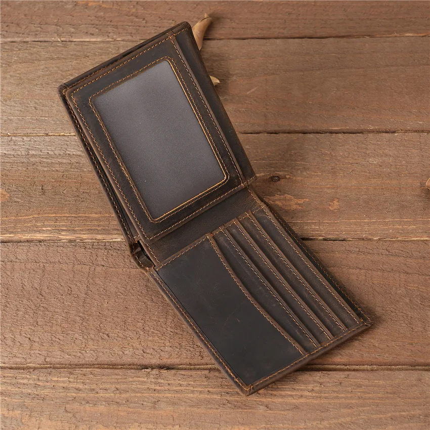 1128/1129 Men's Bifold Short Leather Wallet, Retro Top Layer Cowhide Wallet, Multi Slot Crazy Maka Bag