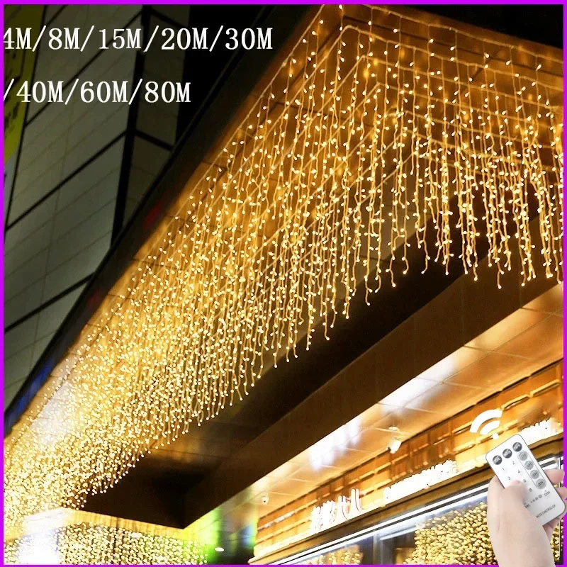Christmas Decoration 2026 For Home Outdoor Waterproof  LED Curtain Icicle String Lights Street Garland On The House Patio Winter