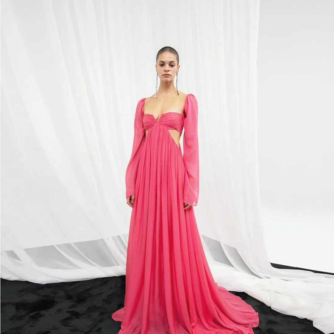 Chic Draped Long Pink Party Dresses A Line Long Sleeves Strapless Empire Waist Chiffon Long Train Wedding Reception Dress 2024