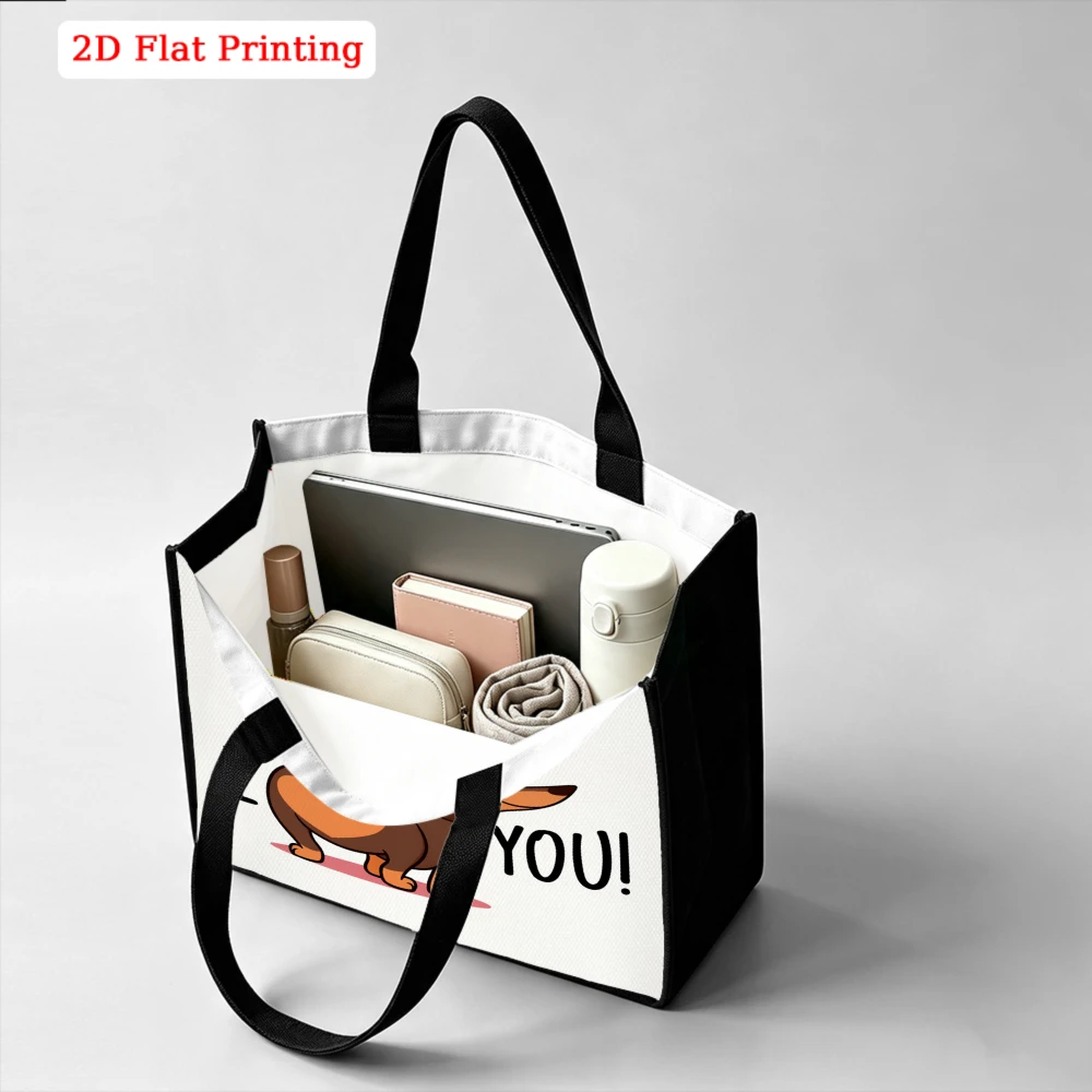 Funny Cute Dachshund Heart Butt I Love You Cartoon Print Large Tote Bag, Whimsical Playful Handbag for Dog Lovers Pet Daily Use