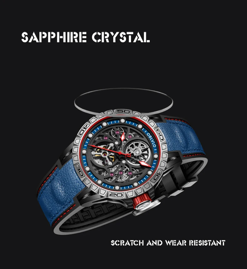 OBLVLO メンズ自動腕時計 47 ミリメートル高級機械式腕時計防水サファイア発光スケルトンダイヤル