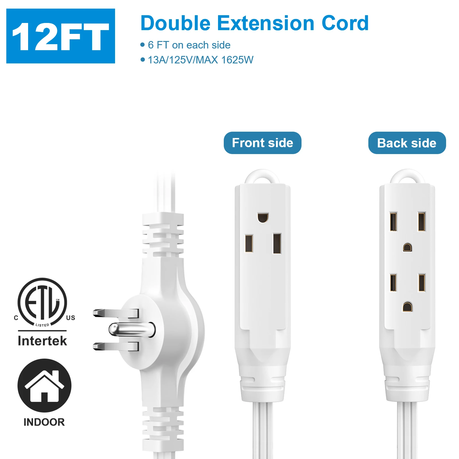 US Twin Extension Cord Power Strip 12 Feet Cord Flat Plug Standard Grounding, Total 3 Sockets for Home or Travel